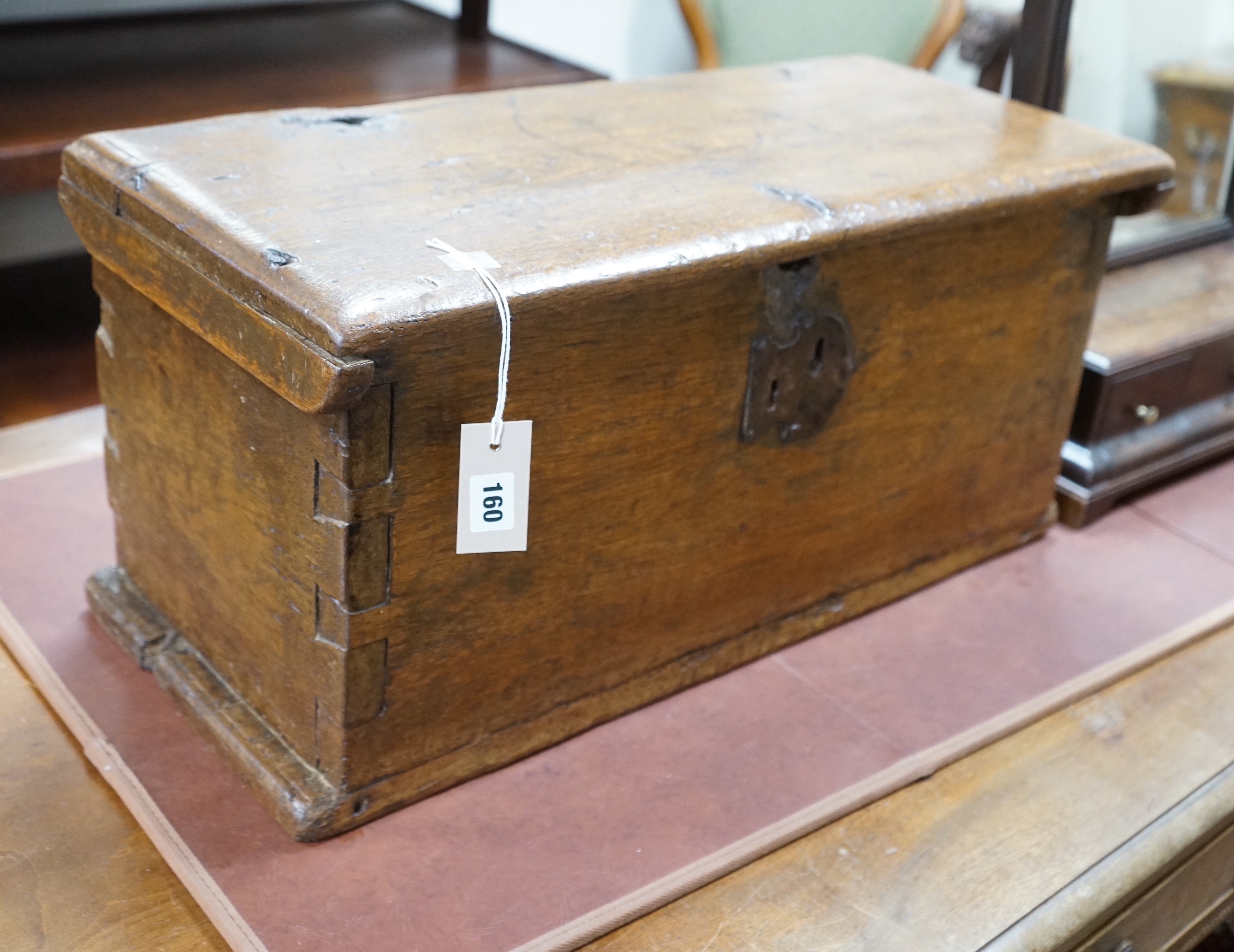 An 18th century boarded oak box, length 66cm, depth 29cm, height 32m